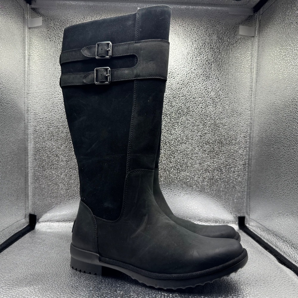 Size 9.5 UGG Lakesider Heritage Tall Boots Womens Black Waterproof Buckle Boots